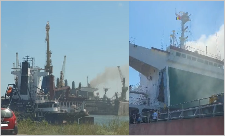 FOTO VIDEO ALERTĂ! Incendiu la bordul navei AMAR GLYFADA aflată în Șantierul Naval Midia. PATRU persoane sunt date dispărute
