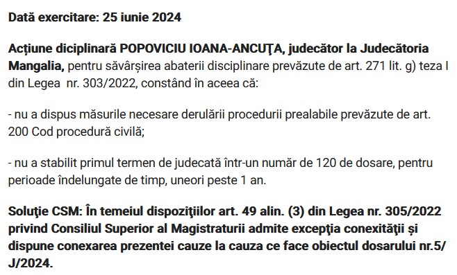 Fosta judecătoare a lui Vlad Pascu Ioana Ancuta Popoviciu a doua actiune disciplinara 2024