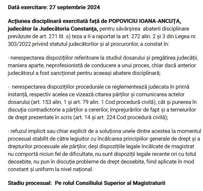Ioana Ancuța Popoviciu a treia acțiune disciplinară 2024