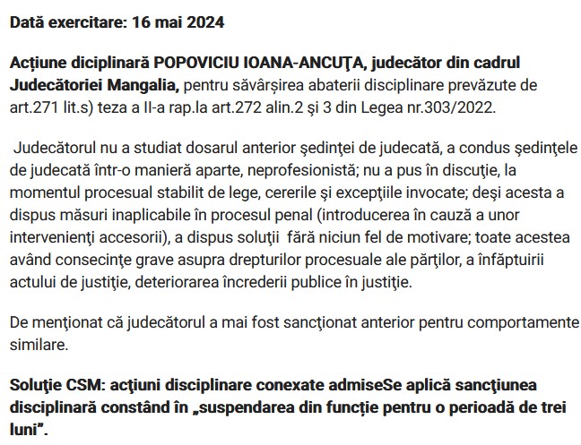 Fosta judecătoare a lui Vlad Pascu Ioana Ancuța Popoviciu prima acțiune disciplinară 2024