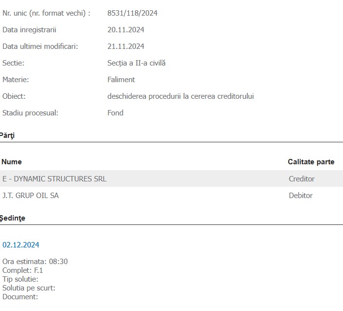 JT Grup Oil debitor