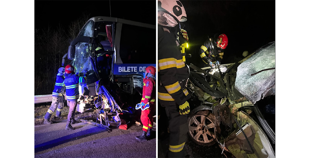 Plan ROȘU de intervenție: Un autobuz cu 42 de pasageri s-a ciocnit de o mașină