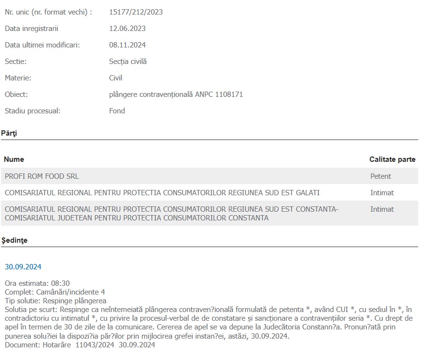 Profi Rom Food proces Protectia Consumatorilor