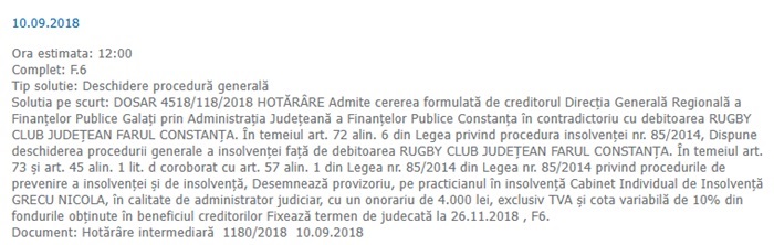 Rugby Farul Constanta Insolventa