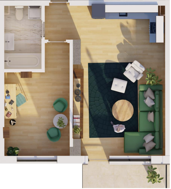 APARTAMENT TIP 2 – STUDIO – Suprafata totala – 49,75 mp