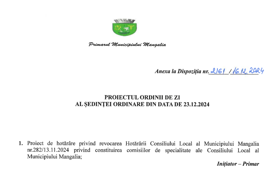 Convocare ședință Ordinară - CL Mangalia 23 decembrie 2024
