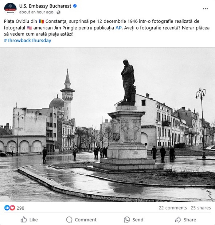 Fotografie cu Piața Ovidiu, în urmă cu 80 de ani, publicată de Ambasada SUA la București