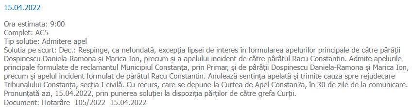 Primăria Constanța apel admis