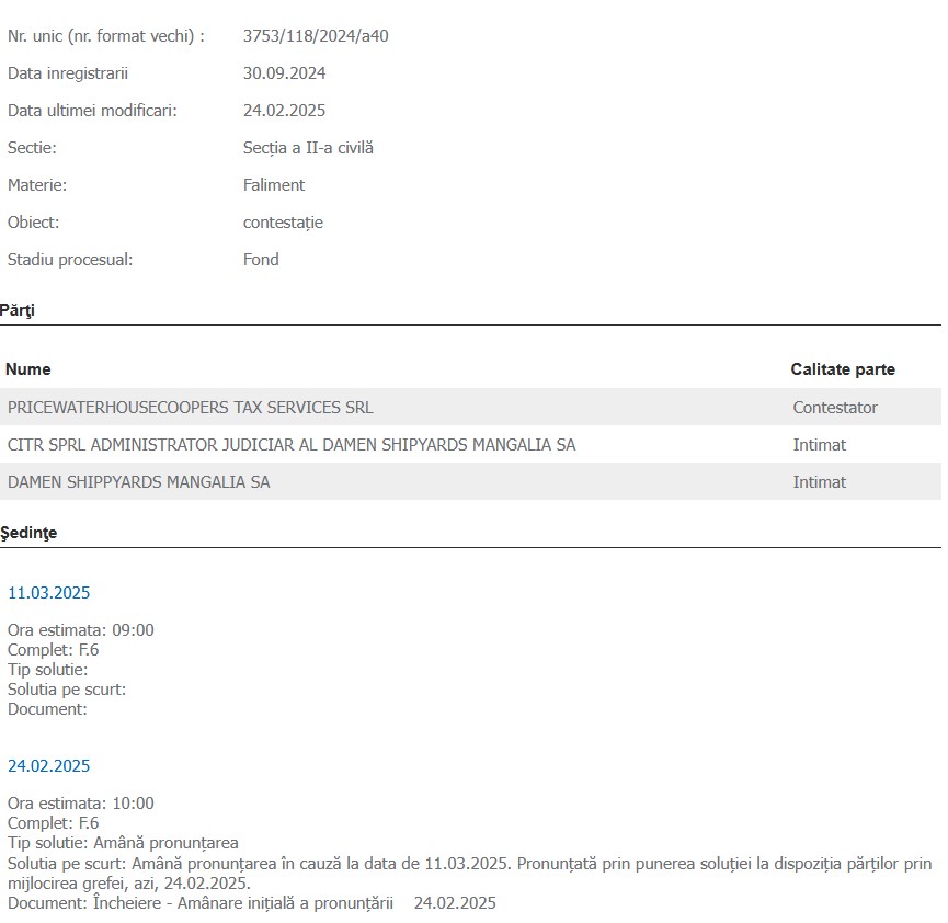 Damen Shipyards Mangalia SA contestație insolvență Pricewaterhousecoopers