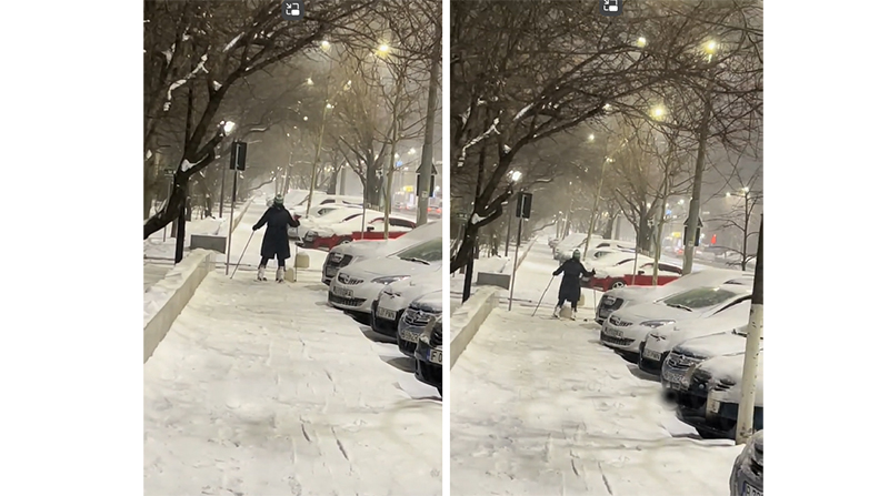 Cu schiurile la plimbare, prin oraș: O femeie a fost filmată în timp ce schia pe trotuar