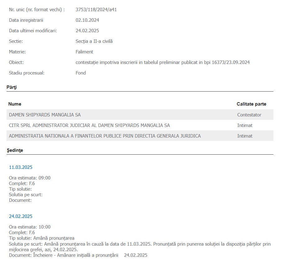 Damen Shipyards Mangalia SA contestație Tabel ANAF