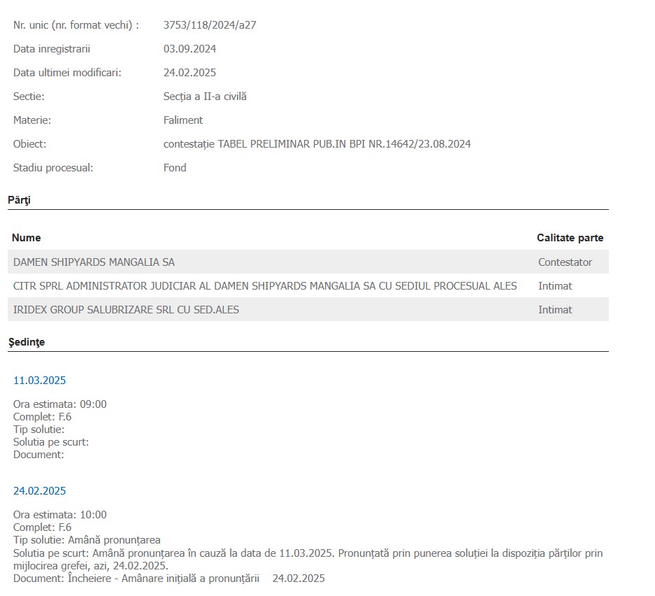 Damen Shipyards Mangalia SA contestație Tabel Iridex