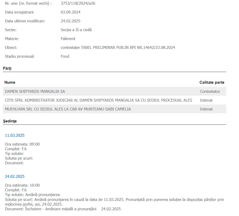 Damen Shipyards Mangalia SA contestație Tabel Muehlhan