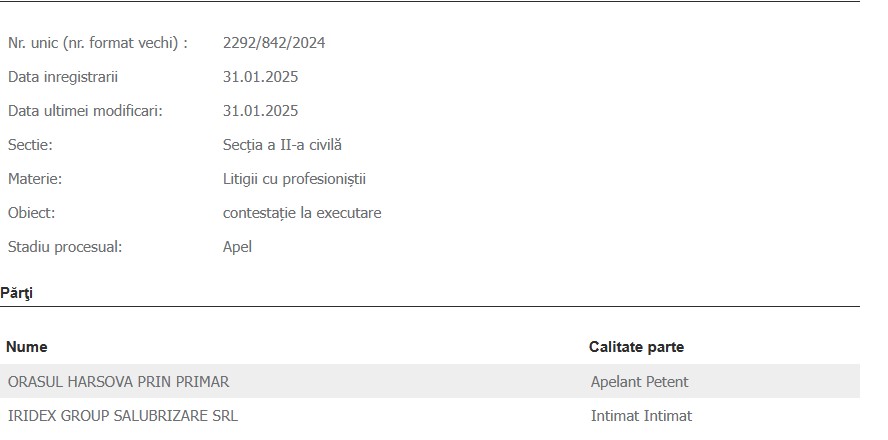 Primăria Hârșova dosar contestație la executare Iridex Group Salubrizare SRL