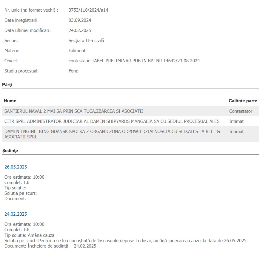 Damen Shipyards Mangalia SA contestație tabel Damen Gdanks