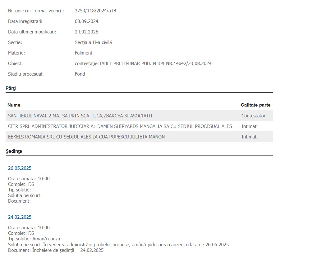 Damen Shipyards Mangalia SA contestație Tabel Eekels
