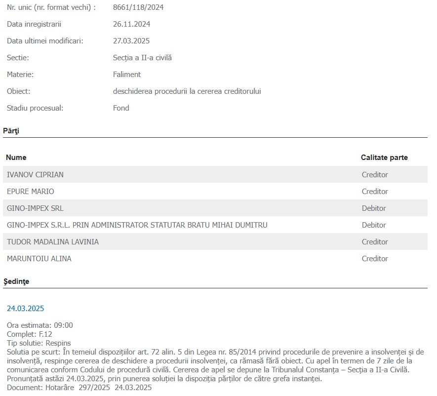 Gino Impex SRL dosar cerere insolvență respinsă