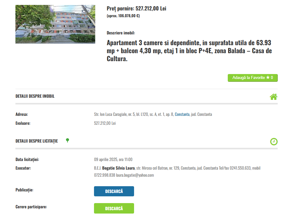 licitație apartament Casa de Cultură Constanța