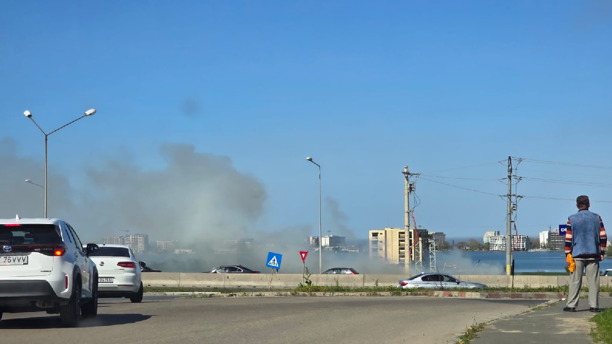 Arde vegetația uscată de pe malul lacului Siutghiol, la intrare în Constanța
