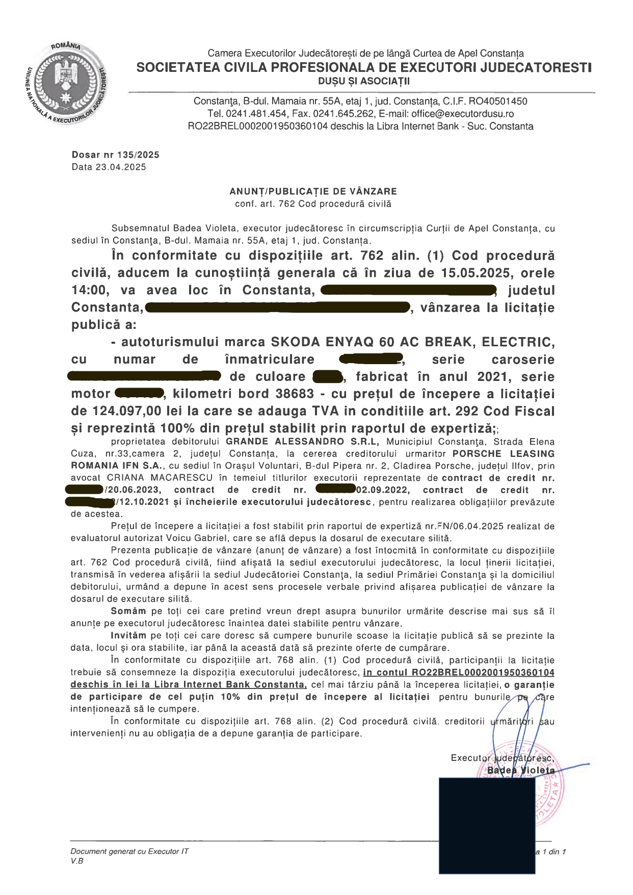 Licitație autoturism sc Grande Alessandro SRL