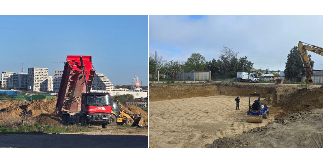 FOTO Constanța: Societatea Sisi Stop 2020 SRL a început lucrările la un bloc de trei etaje în zona Dedeman: Sute de tone de pământ excavate pentru fundație, depozitate pe un teren viran