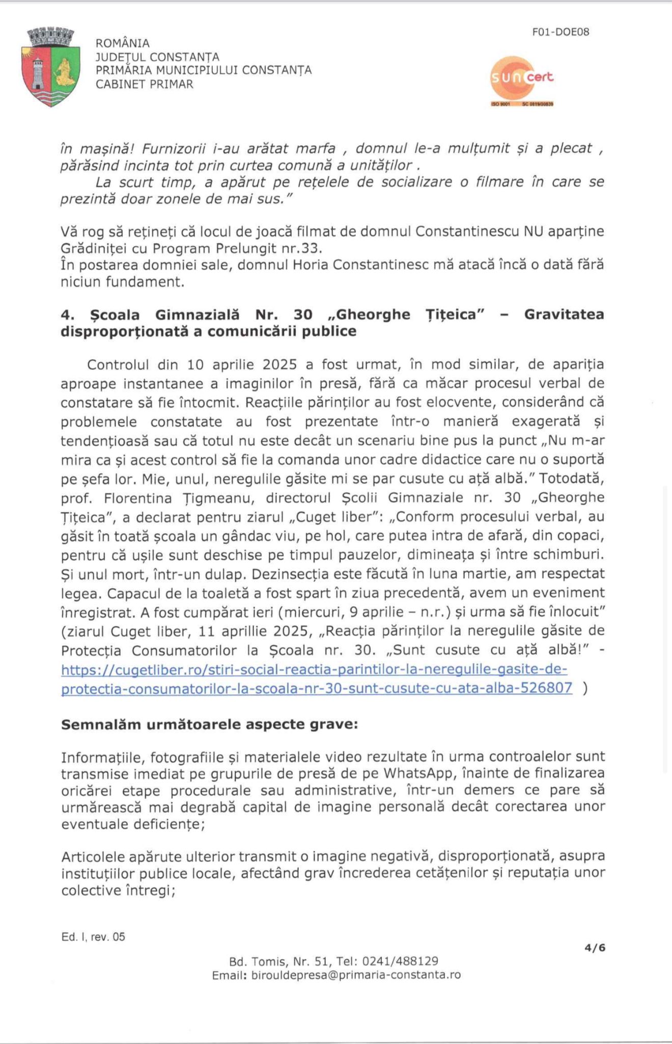 Horia Constantinescu memoriu primar Chițac ministrul Economiei