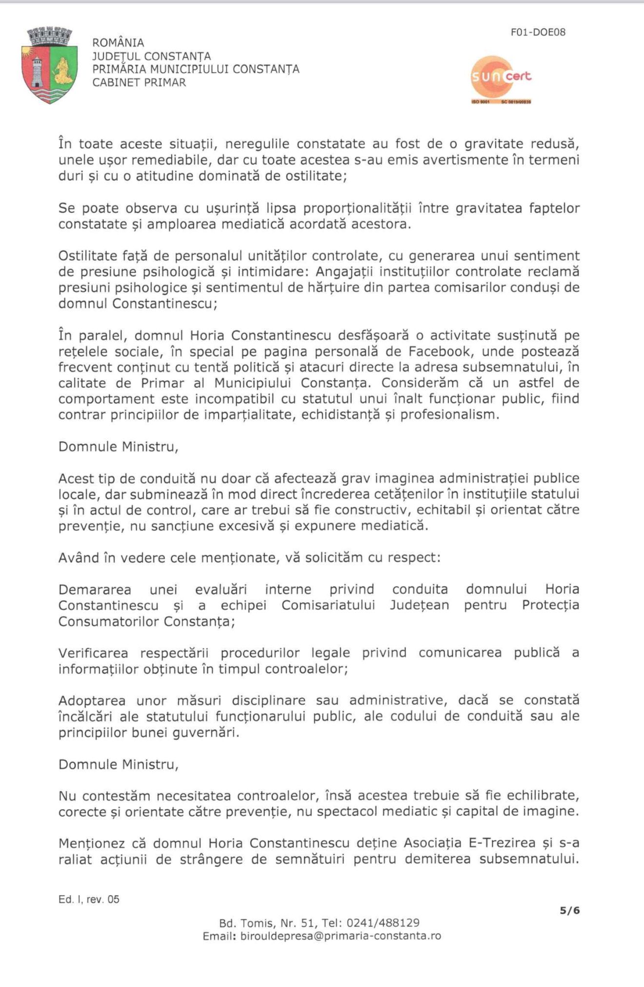 Horia Constantinescu memoriu primar Chițac ministrul Economiei