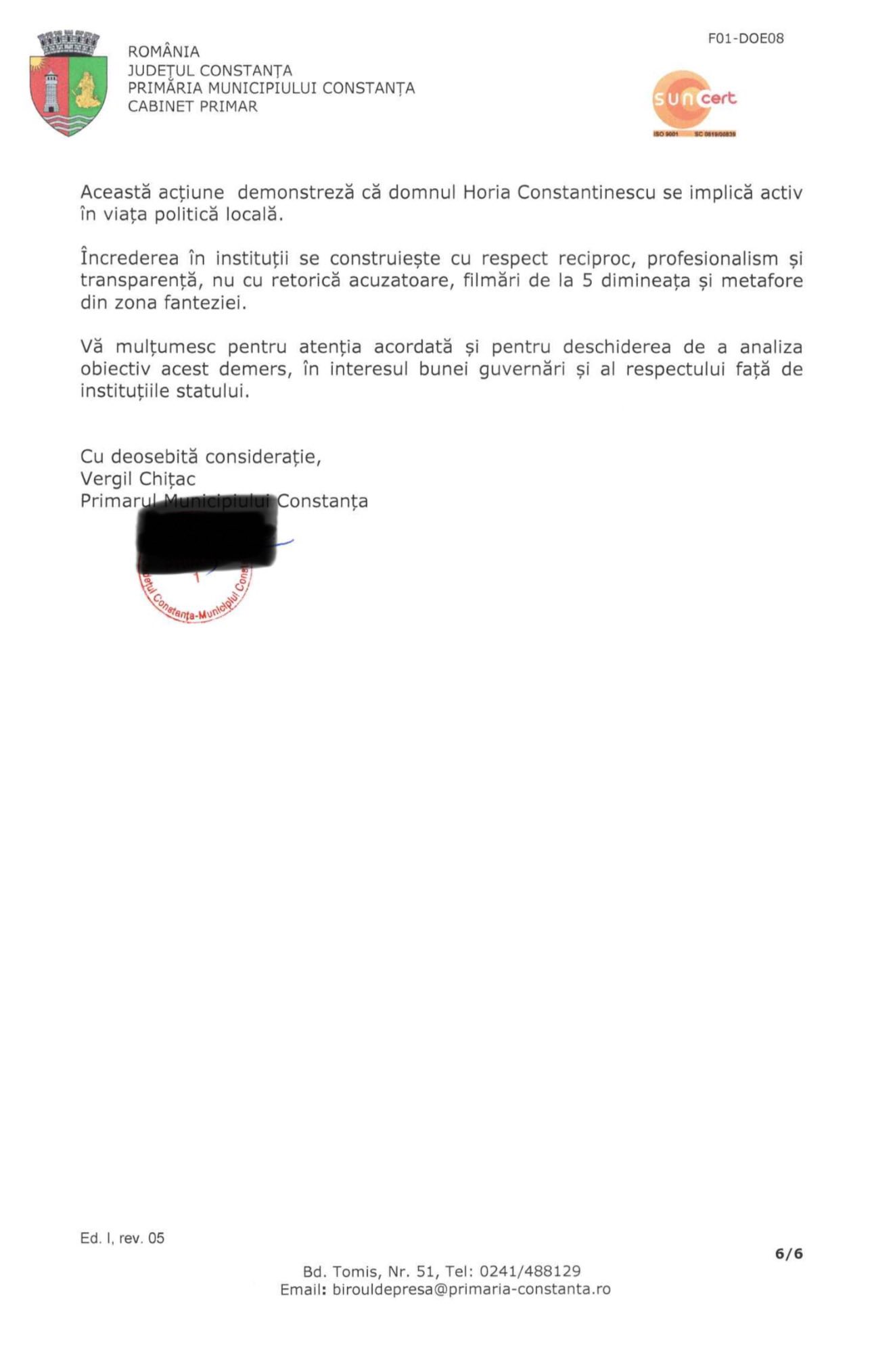 Horia Constantinescu memoriu primar Chițac ministrul Economiei