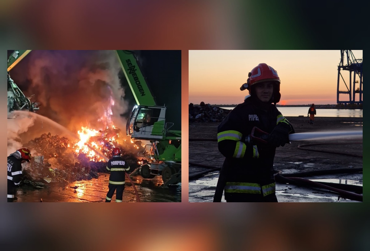 FOTO VIDEO Incendiu în Portul Constanța Sud Agigea. Pompierii s-au luptat cu flăcările mai multe ore. Focul a distrus 800 de tone de deșeuri feroase