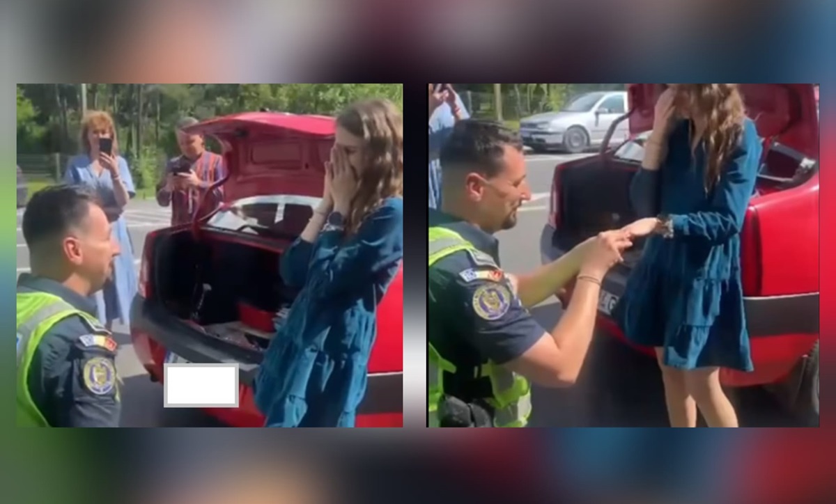 VIDEO Un polițist de la Rutieră și-a cerut iubita în căsătorie într-un mod inedit. Iată cum a reacționat tânăra