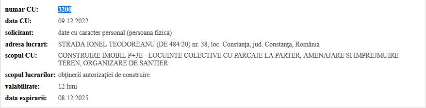 Palazu Mare certificat de urbanism