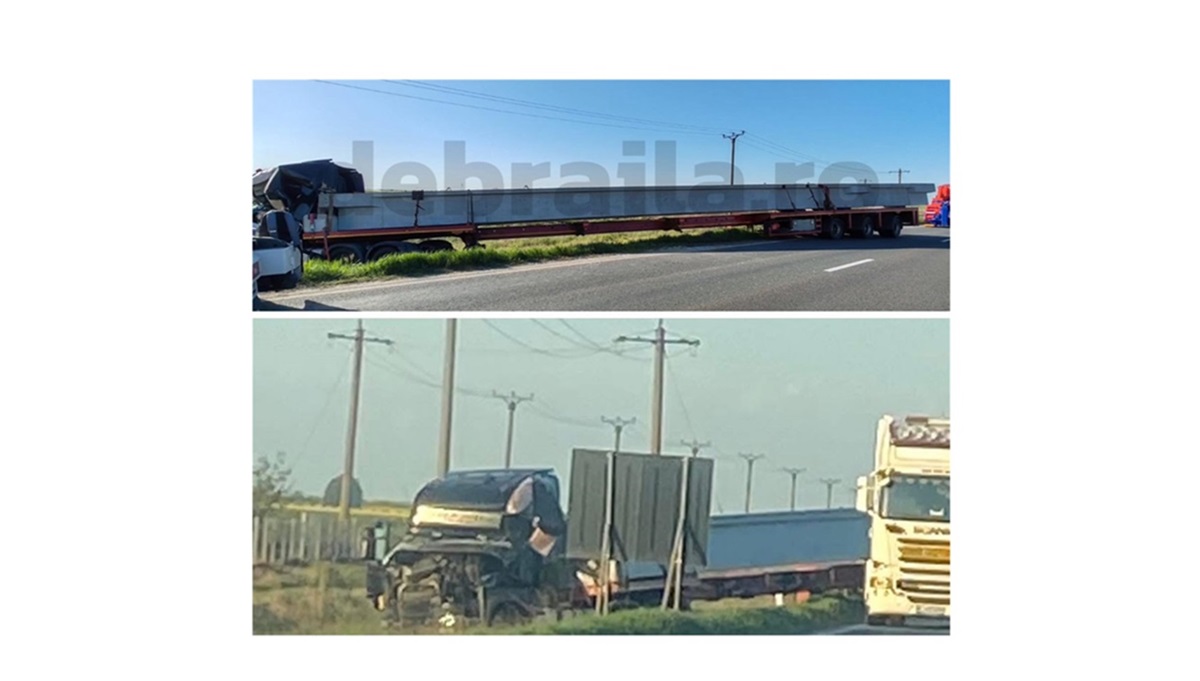 Accident ca în filme: Două TIR-uri s-au ciocnit! Unul făcea loc pentru transportul unei eoliene. Șoferii sunt colegi de firmă