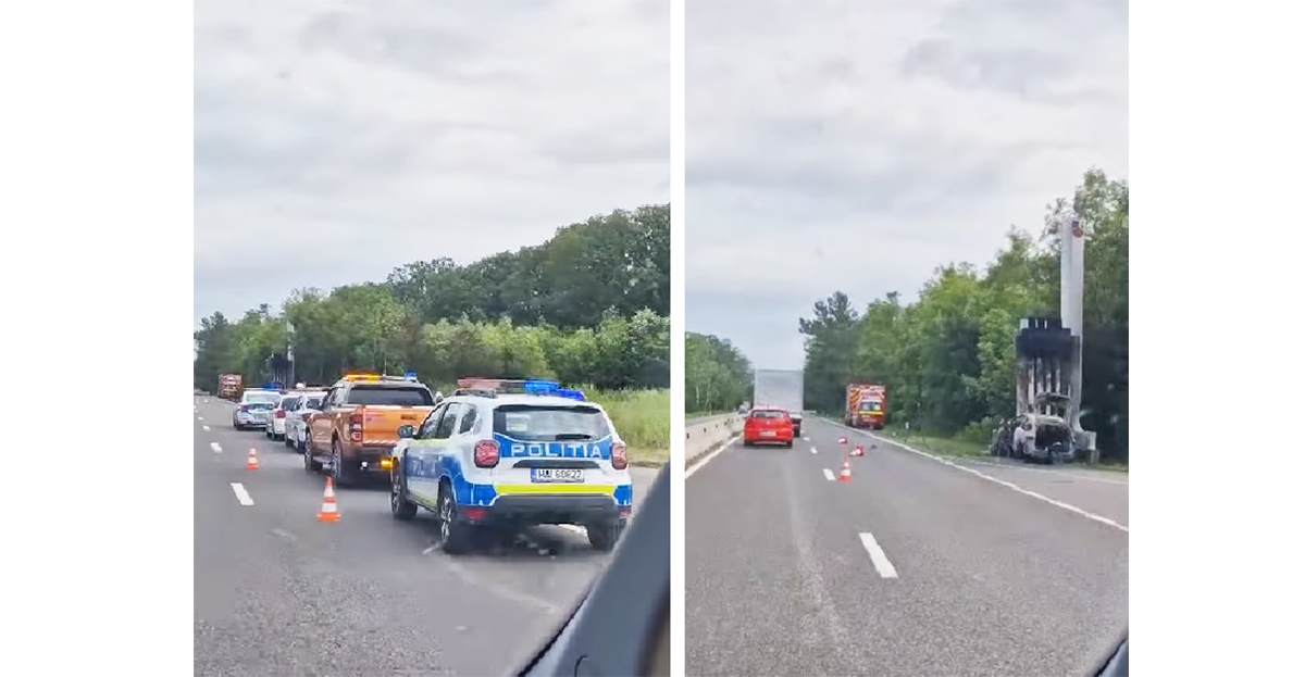 VIDEO Un șofer a murit carbonizat după ce a lovit o bornă kilometrică: La fața locului nu existau urme de frânare