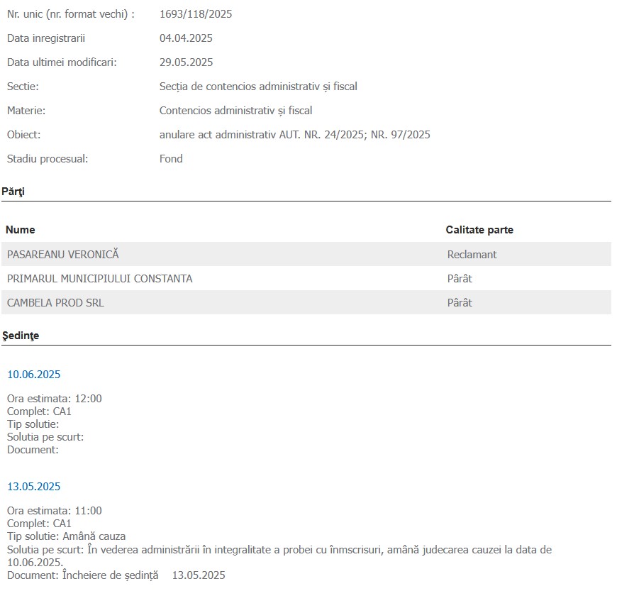 Cambela Prod SRL proces bloc strada Rozelor Palazu Mare