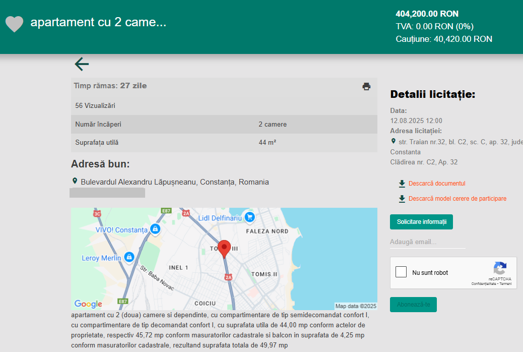 Anunț licitație apartament 2 camere Alexandru Lăpușneanu Constanța
