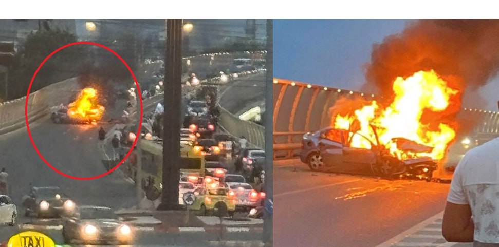 FOTO VIDEO La un pas de TRAGEDIE: O mașină a luat FOC pe podul de la Butelii. În ce stare se află șoferul