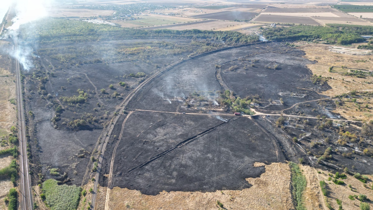 FOTO Medgidia: focul a mistuit zeci de hectare de vegetație de la marginea municipiului. Circulația a 6 trenuri a fost afectată