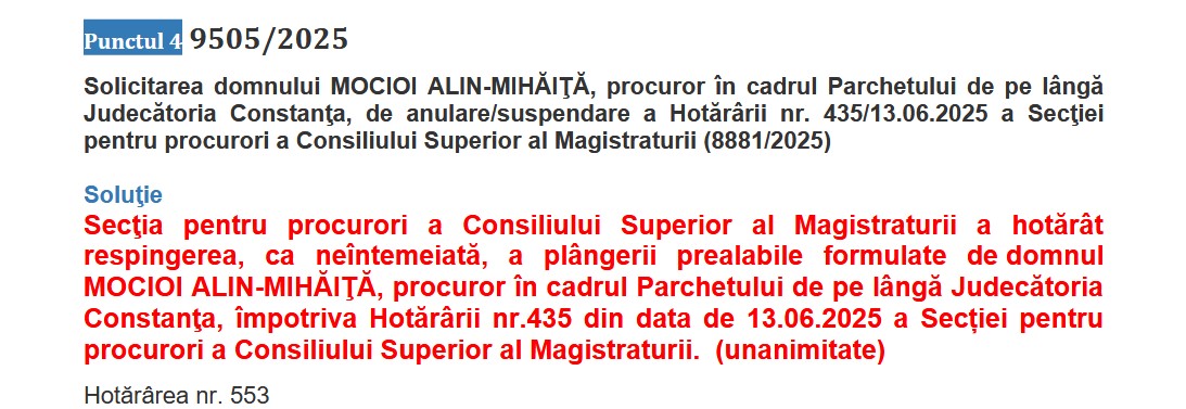 Procuror Alin Mihăiță Mocioi respingere plângere CSM