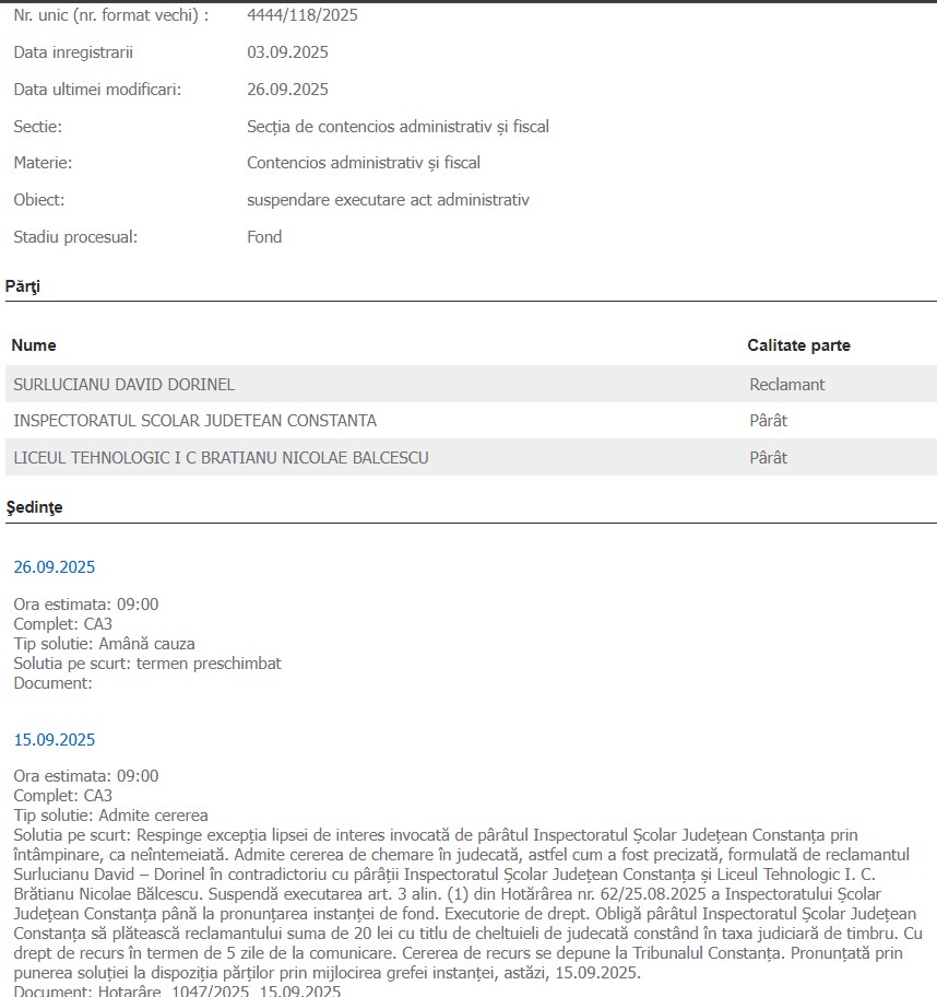 proces ISJ Constanța proces clasă Liceul Tehnologic IC Brătianu Nicolae Bălcescu