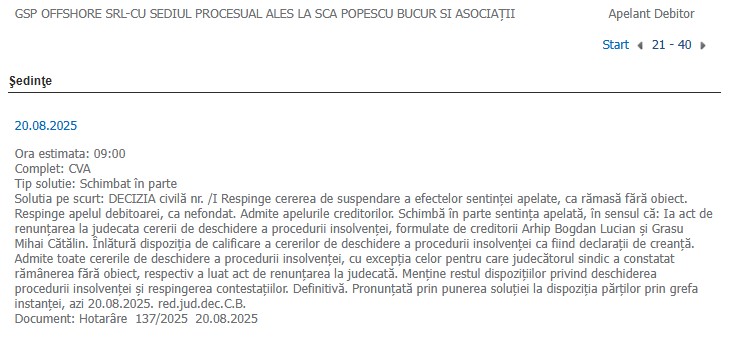 GSP Offshore SRL apel insolvență