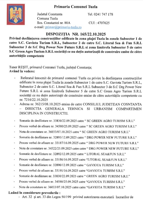 Primăria Tuzla dispoziție construcții plajă
