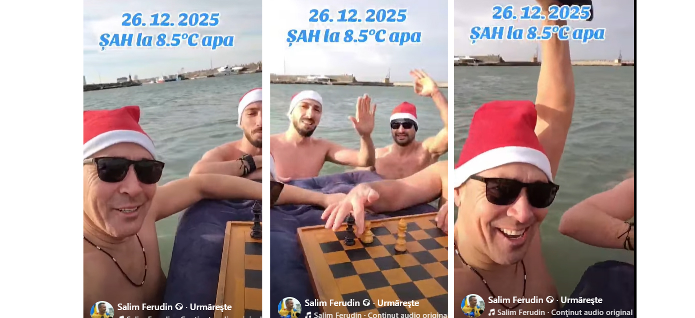VIDEO Partidă de șah la un grad Celsius: Patru curajoși au făcut baie în Marea Neagră de Crăciun