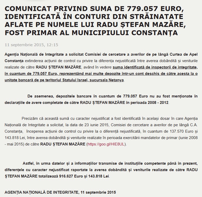 Radu Mazăre comunicat ANI avere 11 septembrie 2015