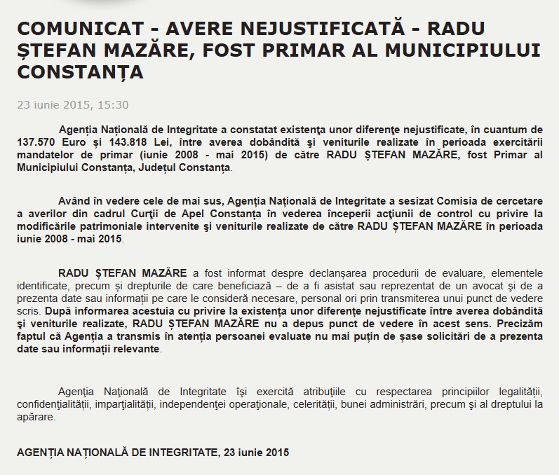 Radu Mazăre Comunicat ANI avere 23iunie 2015