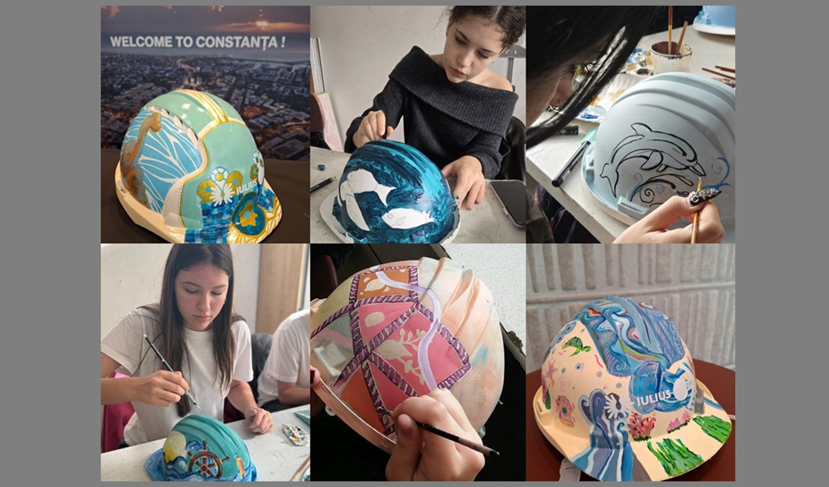 FOTO Compania IULIUS a transformat căștile de protecție pe șantier într-un șevalet atipic pentru elevii Colegiului Național de Arte Regina Maria