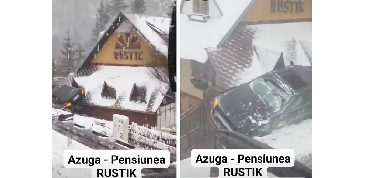 VIDEO Accident de cascadorii râsului: Un autoturism a plonjat direct pe acoperișul unei pensiuni