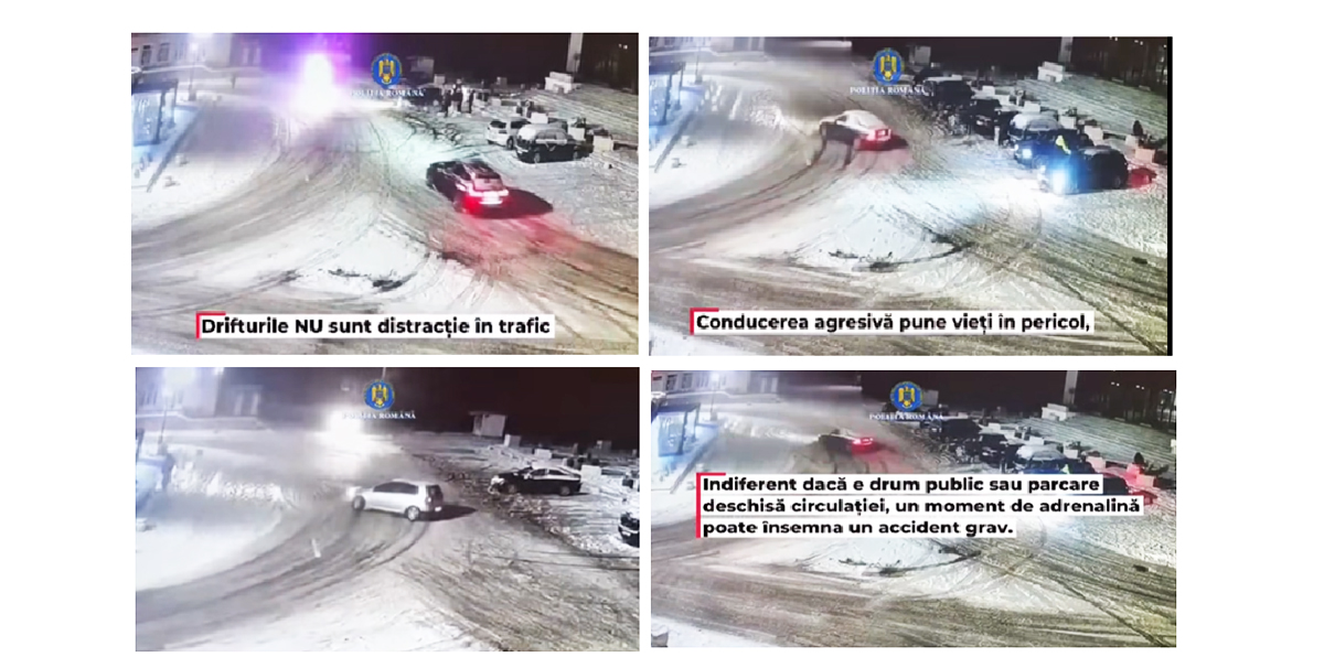 VIDEO Drifturi ilegale surprinse de polițiști într-un sens giratoriu: Ce au pățit șoferii prinși în flagrant