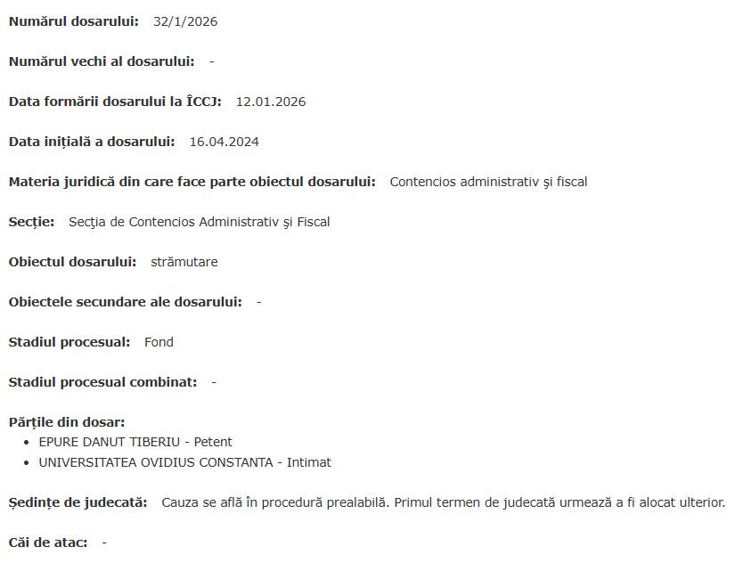 Dănuț Epure cerere de strămutare proces Universitatea Ovidius Constanța
