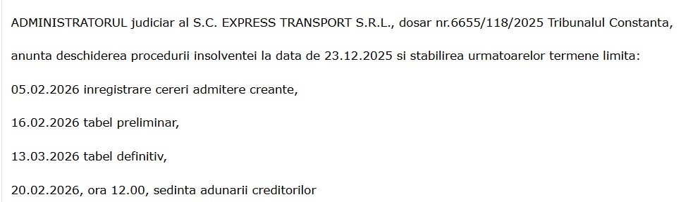 insolvență companie taxi Express Transport SRL