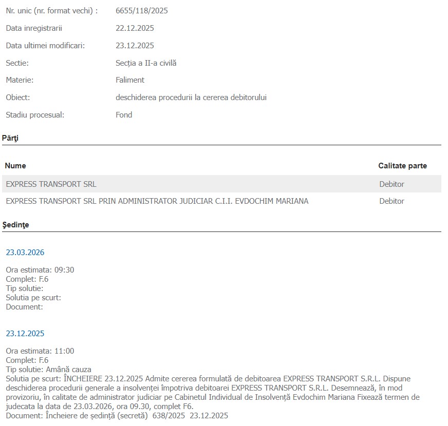 insolvență companie taxi Express Transport SRL